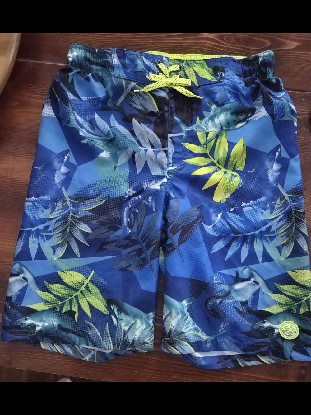 Youth Blue Tropical Swim Shorts with Neon Drawstring